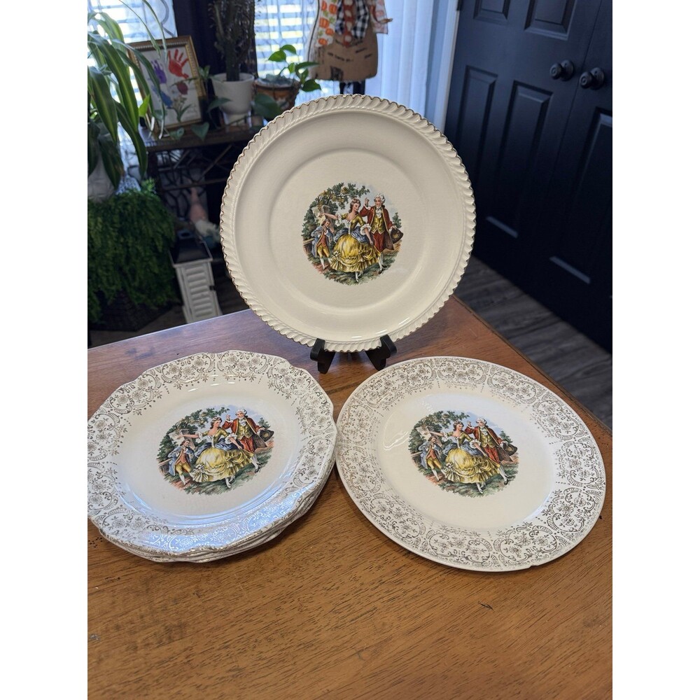 vintage Harker Pottery plate in the "Godey Prints" or "Courting Couple" pattern.